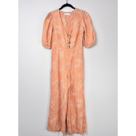 Capulet Isalina Linen Cropped Jumpsuit S Oleander Floral Puff Sleeve Wide Leg - Picture 5 of 14